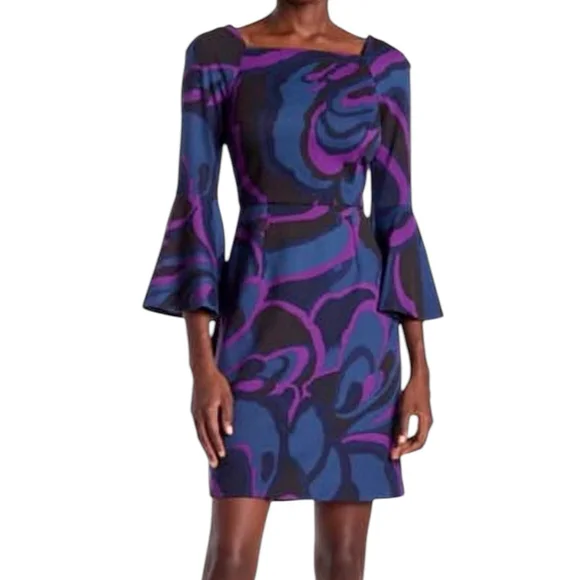 Trina Turk Size 14 Bell Sleeve Dress | Purple & Blue Swirl Geometric Mod Print - Picture 3 of 11